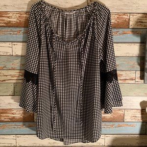 NYGARD Gingham Tie-Front Lace Bell Slv Blouse Sz S